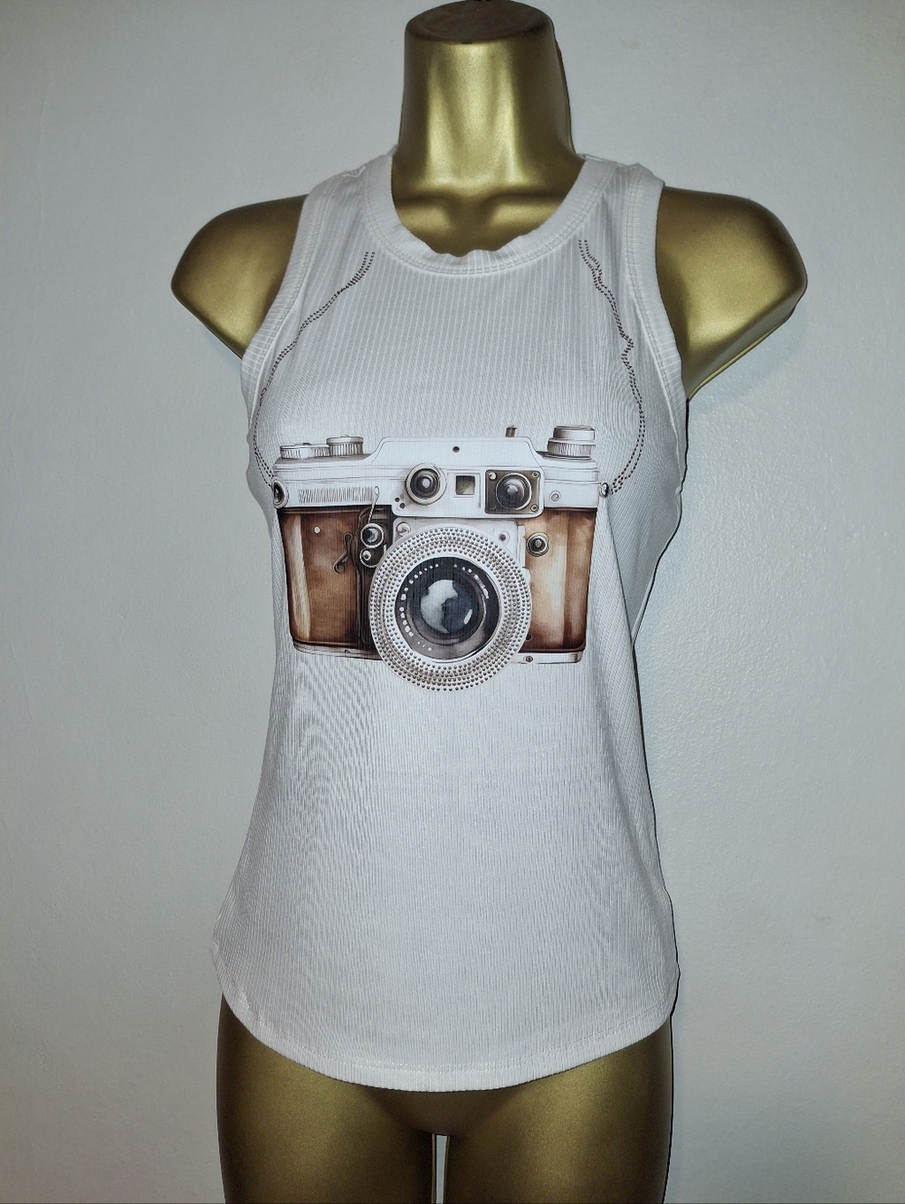 White Ribbed Tank Top with Vintage Camera Graphic